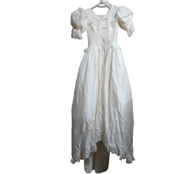 Dresses & Skirts - VINTAGE victorian maxi silk tulle pink ribbon  dress color off white size small